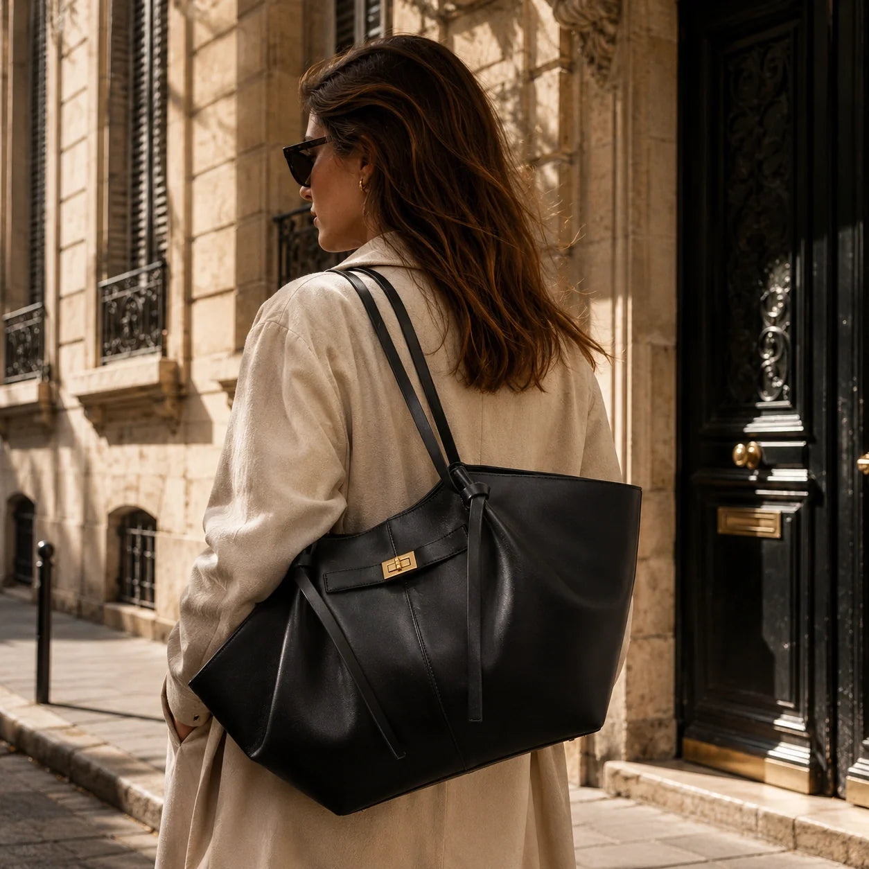 XXL Shopper Tasche Schwarz Lederoptik – Lifestyle-Aufnahme getragen