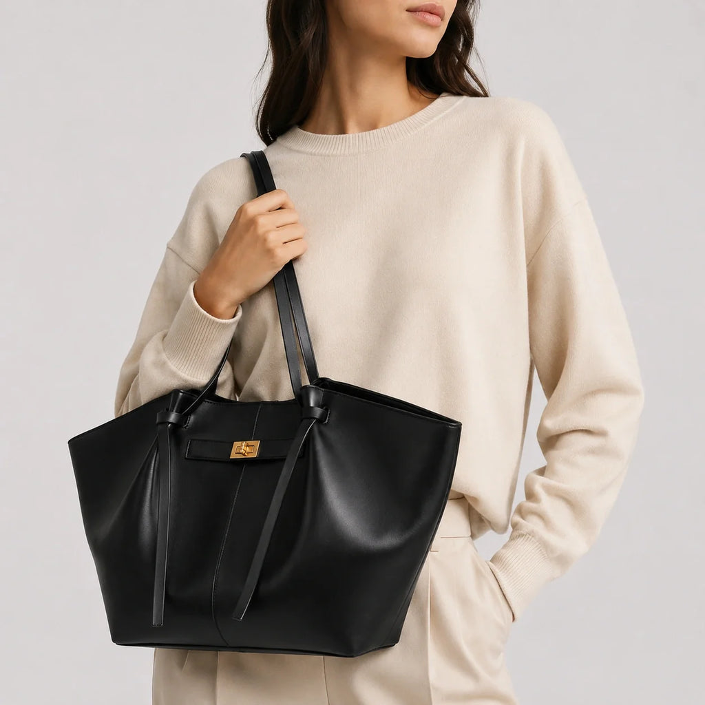 XXL Shopper Tasche Schwarz Lederoptik – Nahaufnahme am Model getragen
