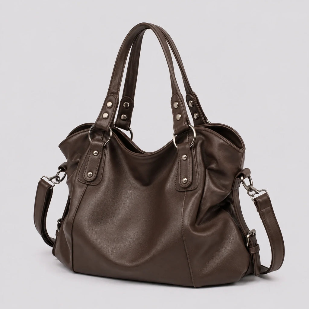 Multi-Fach Handtasche Cognac – Seitenansicht im Detail