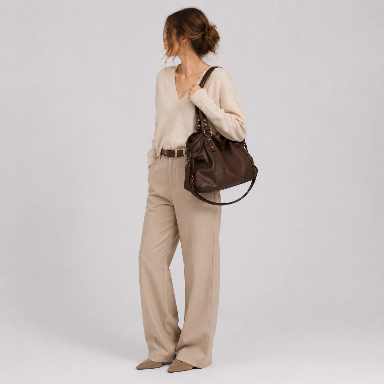 Multi-Fach Handtasche Cognac – Nahaufnahme der Materialstruktur
