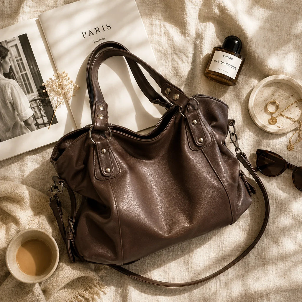 Multi-Fach Handtasche Cognac – Ansicht in ganzer Höhe