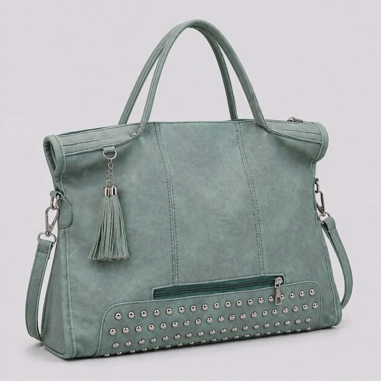 Used-Look Handtasche Salbei – Seitenansicht im Detail