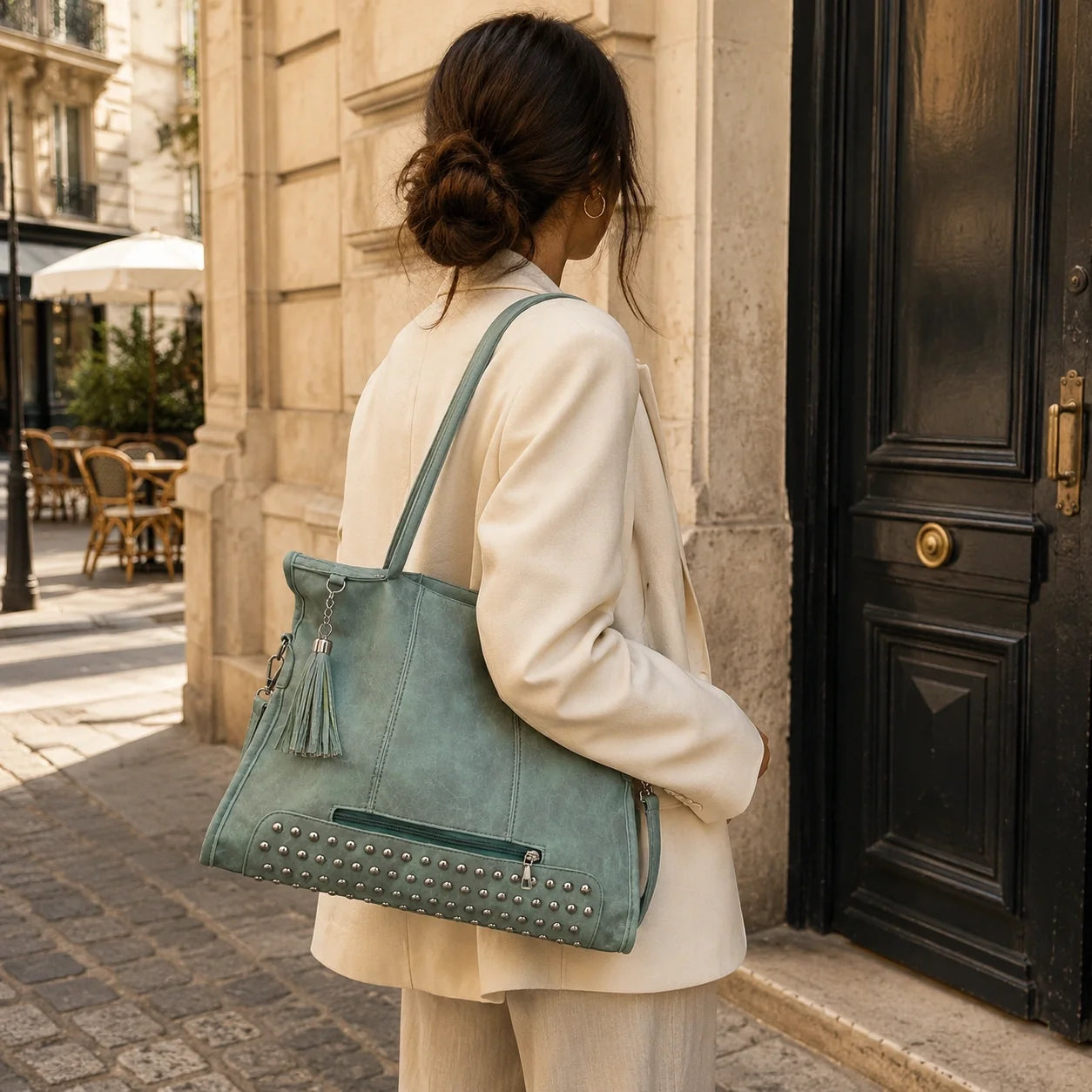 Used-Look Handtasche Salbei – Lifestyle-Aufnahme getragen