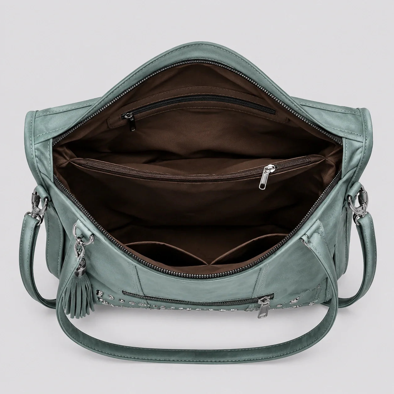 Used-Look Handtasche Salbei – Innenansicht mit geöffnetem Fach