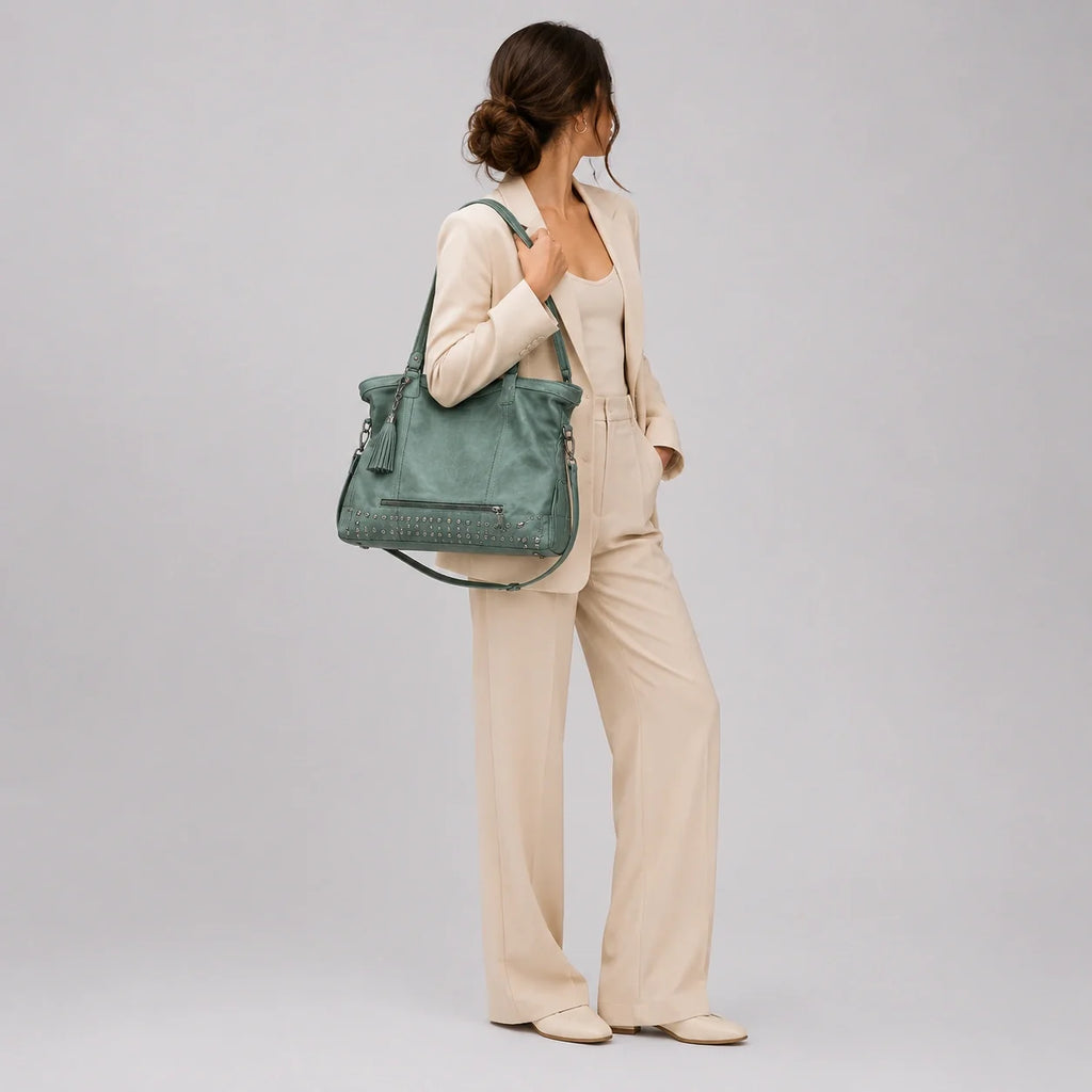 Used-Look Handtasche Salbei – Detailaufnahme der Verarbeitung
