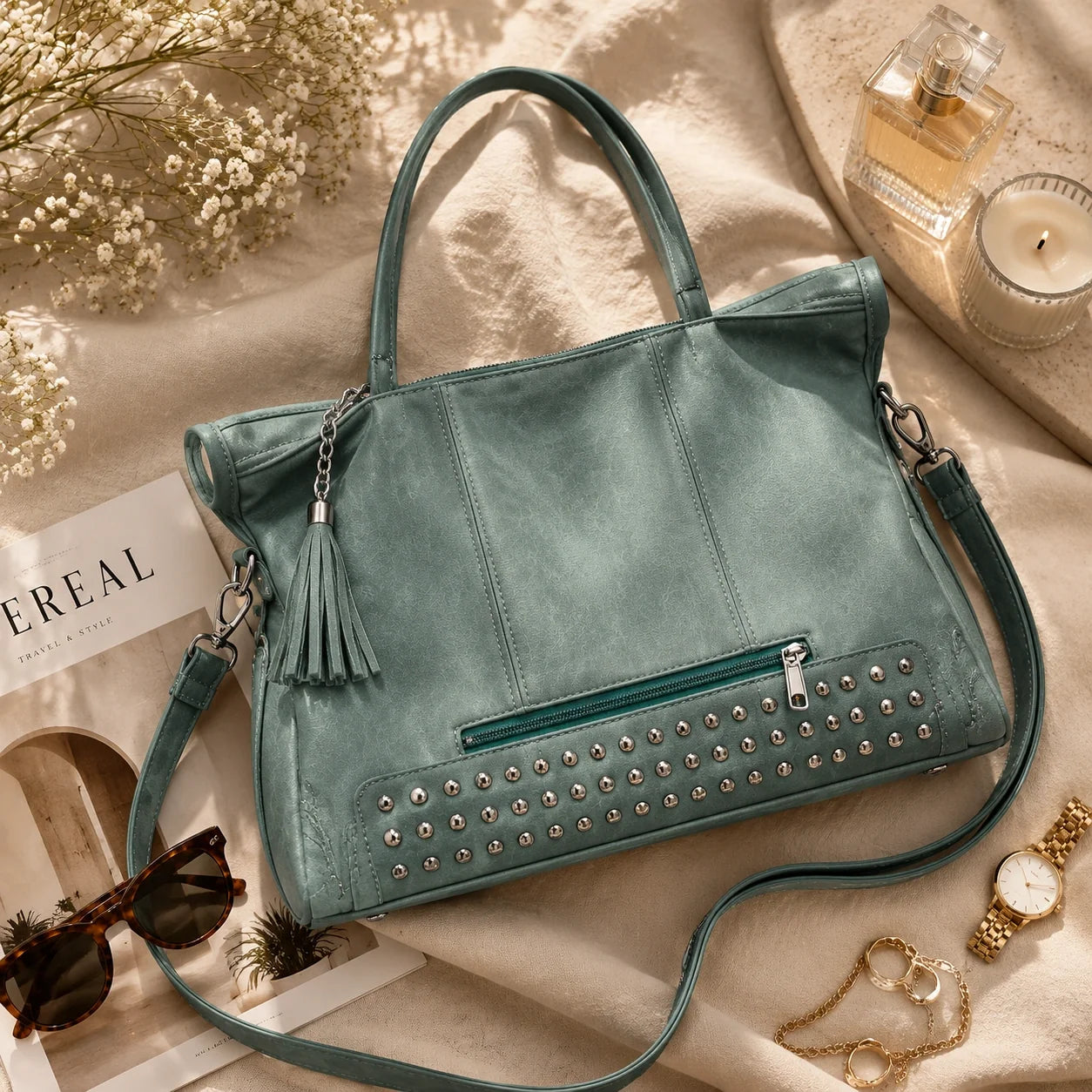 Used-Look Handtasche Salbei – Nahaufnahme der Materialstruktur