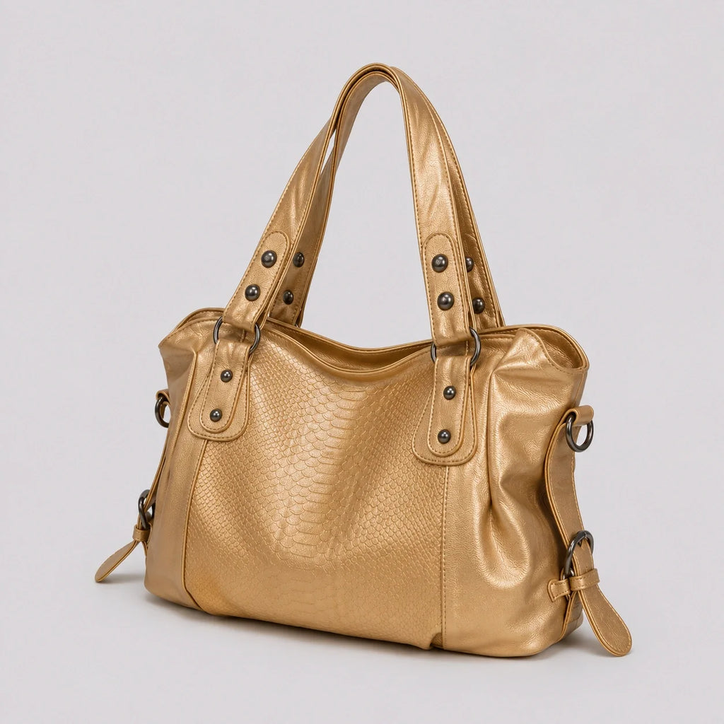 Moderne Handtasche Gold Schuppen-Optik – Seitenansicht im Detail