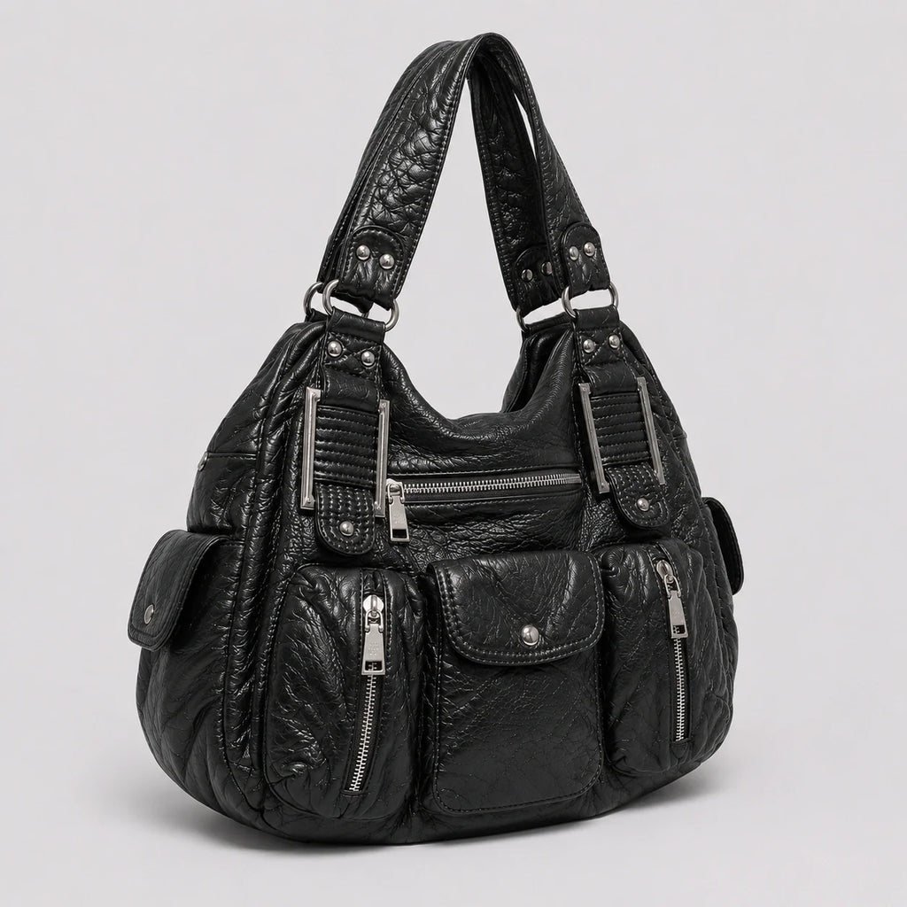 Organizer Handtasche Schwarz Lederoptik – Seitenansicht im Detail