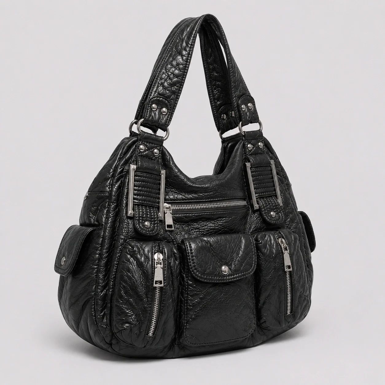 Organizer Handtasche Schwarz Lederoptik – Seitenansicht im Detail