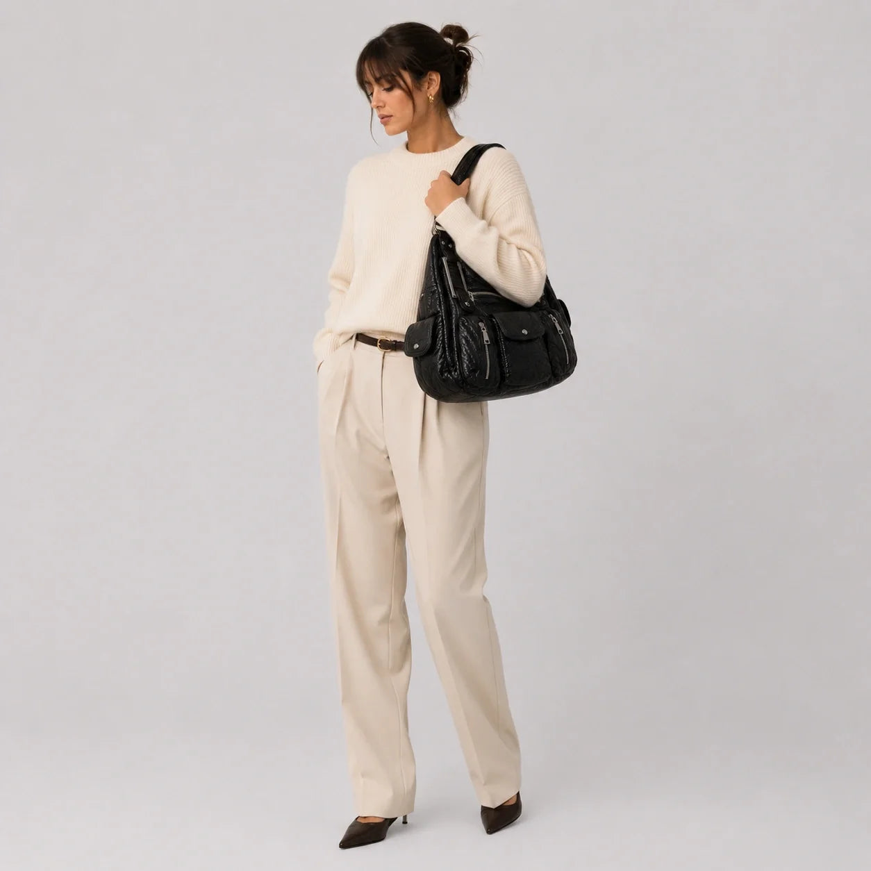 Organizer Handtasche Schwarz Lederoptik – Nahaufnahme der Materialstruktur