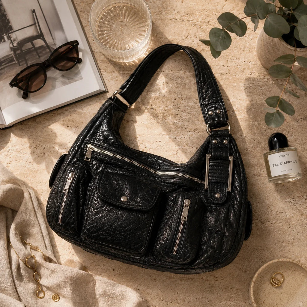 Organizer Handtasche Schwarz Lederoptik – Ansicht in ganzer Höhe