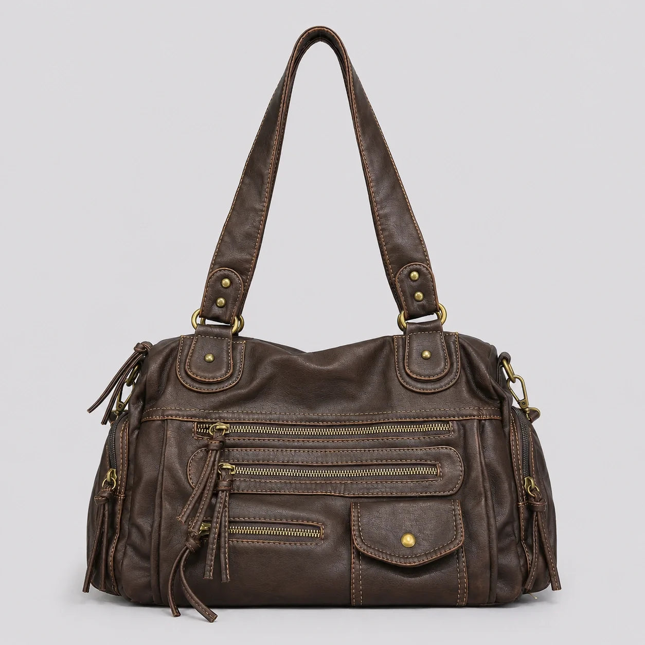 Biker Handtasche Vintage Schokobraun – Frontansicht
