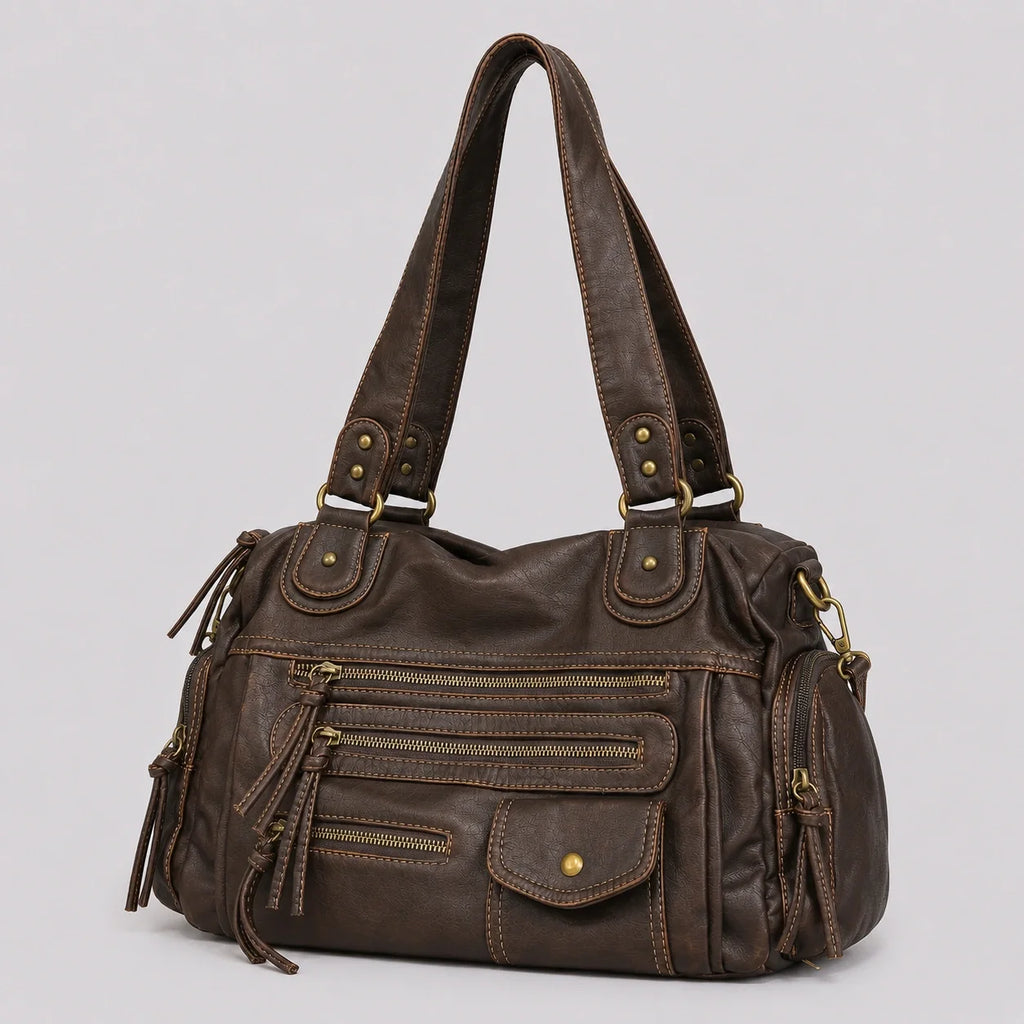 Biker Handtasche Vintage Schokobraun – Seitenansicht im Detail