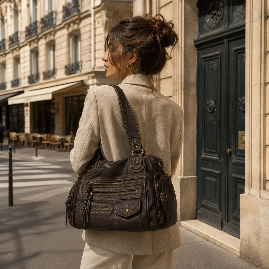 Biker Handtasche Vintage Schokobraun – Lifestyle-Aufnahme getragen