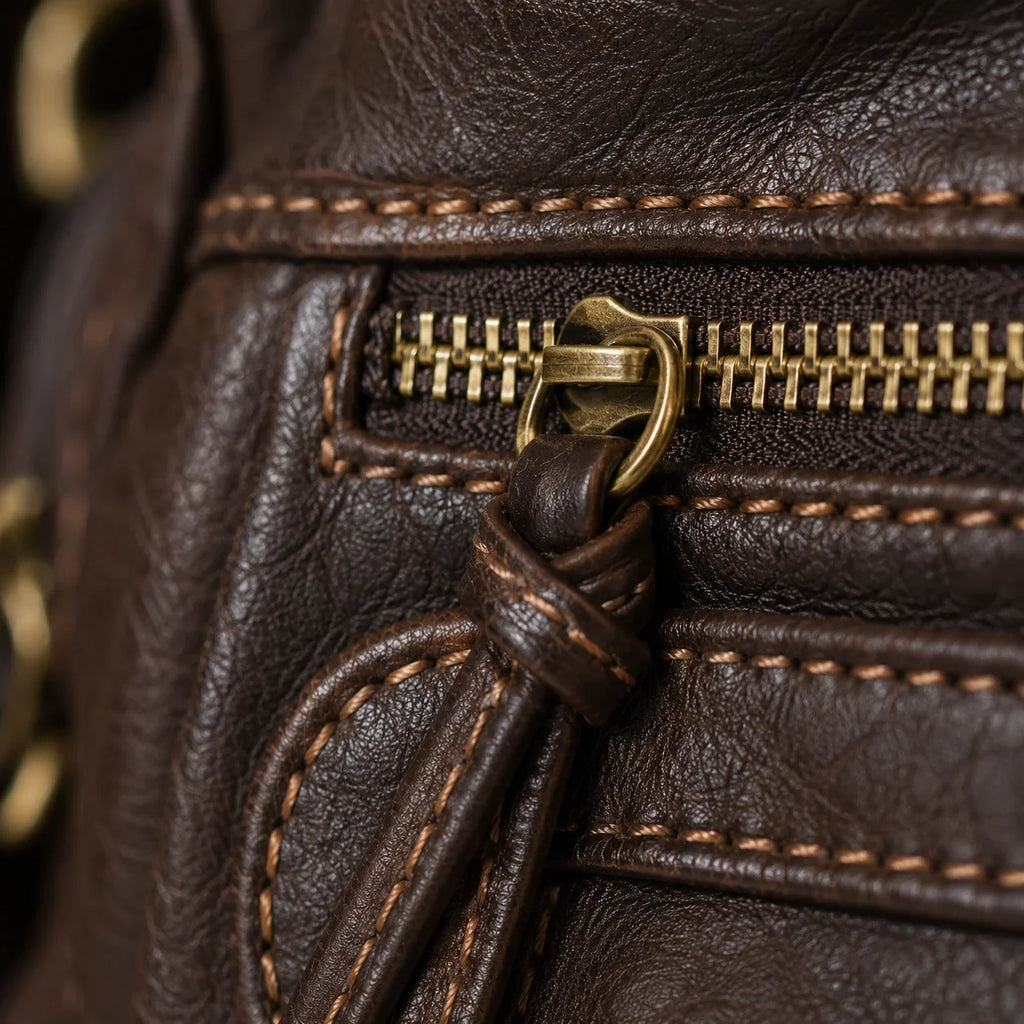 Biker Handtasche Vintage Schokobraun – Detailaufnahme der Verarbeitung