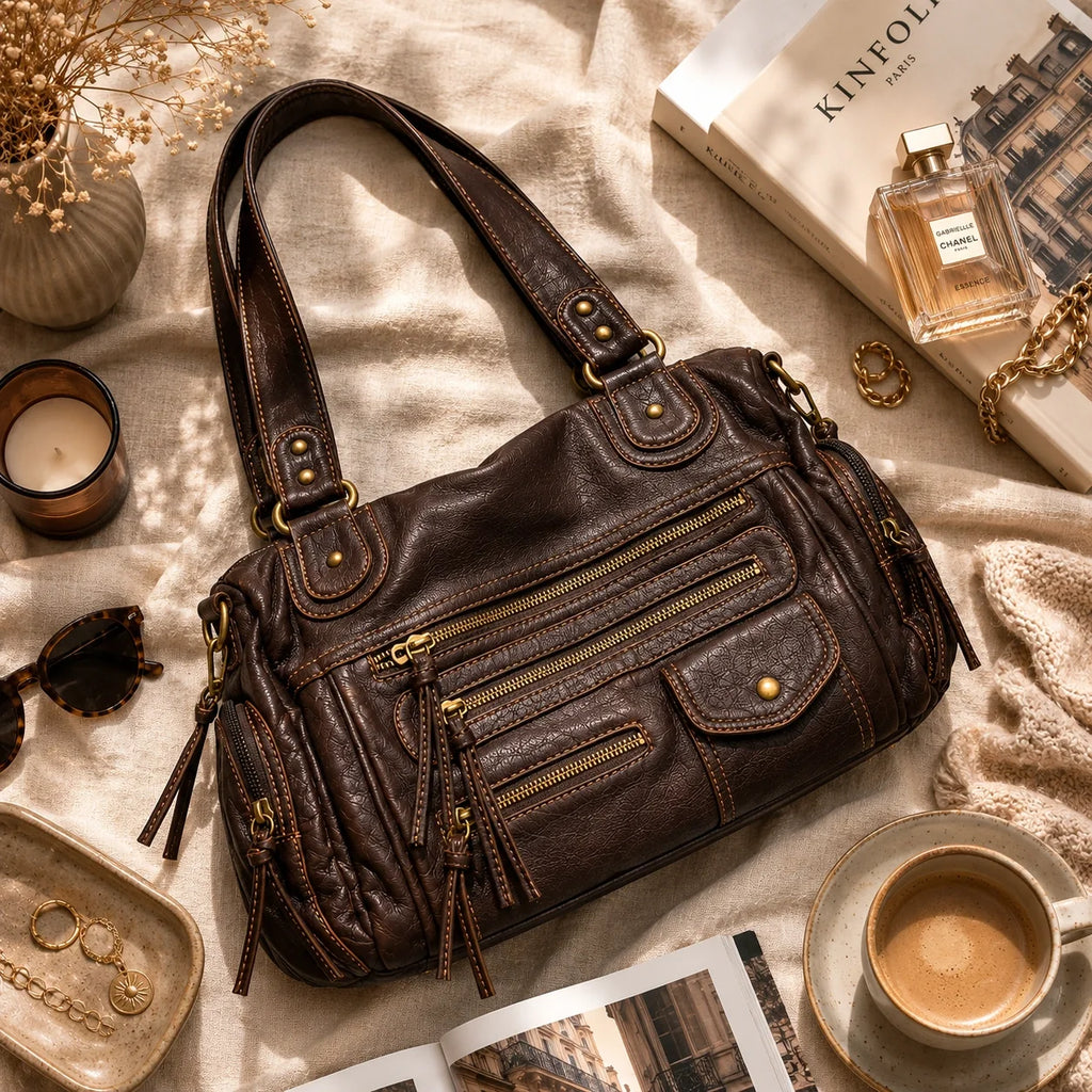 Biker Handtasche Vintage Schokobraun – Ansicht in ganzer Höhe