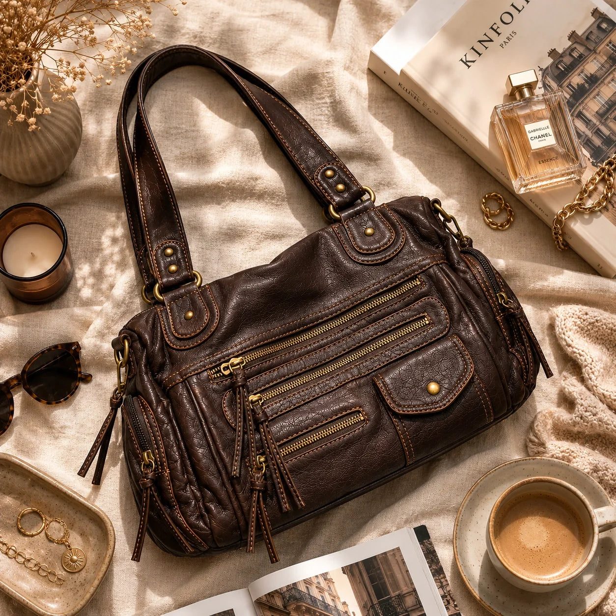 Biker Handtasche Vintage Schokobraun – Ansicht in ganzer Höhe