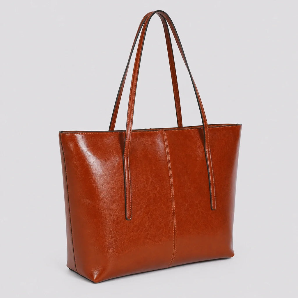 Moderner Lederoptik Tote Cognac – Seitenansicht im Detail