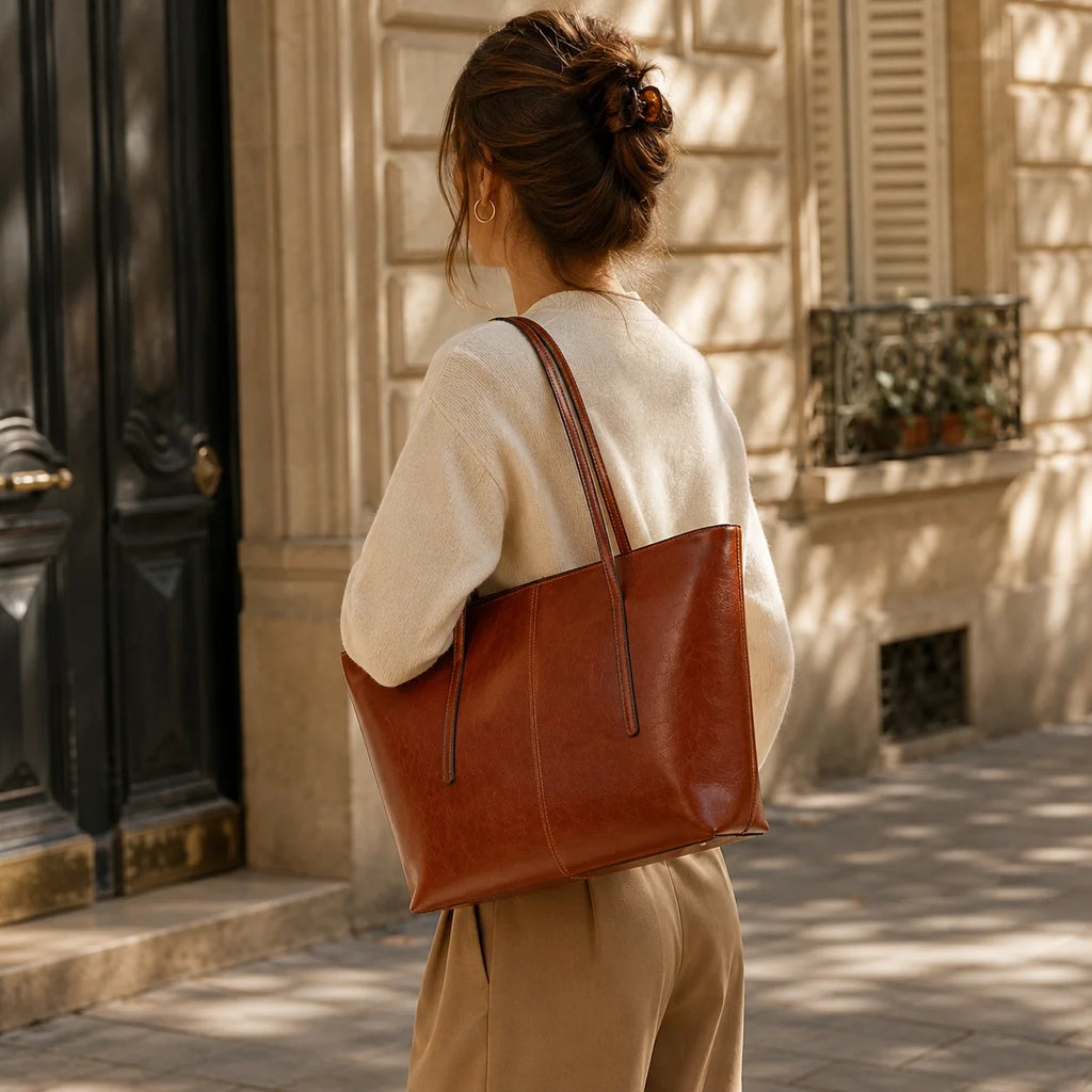 Moderner Lederoptik Tote Cognac – Lifestyle-Aufnahme getragen
