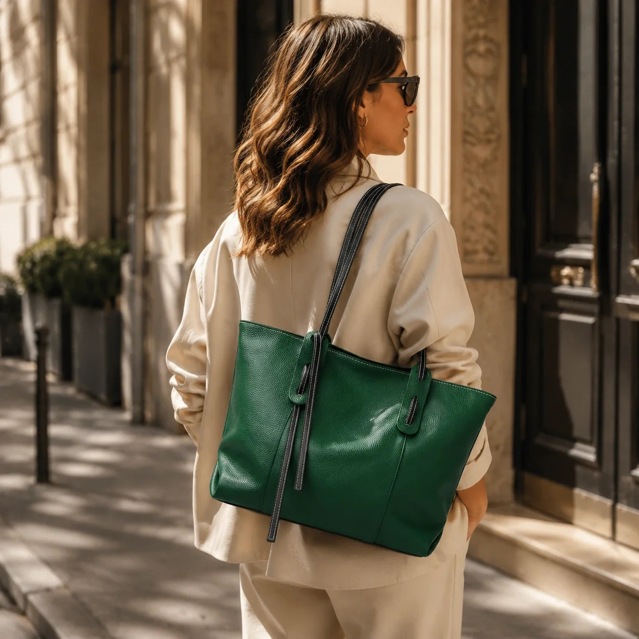 Grüne Lederhandtasche Tannengrün – Lifestyle-Aufnahme getragen