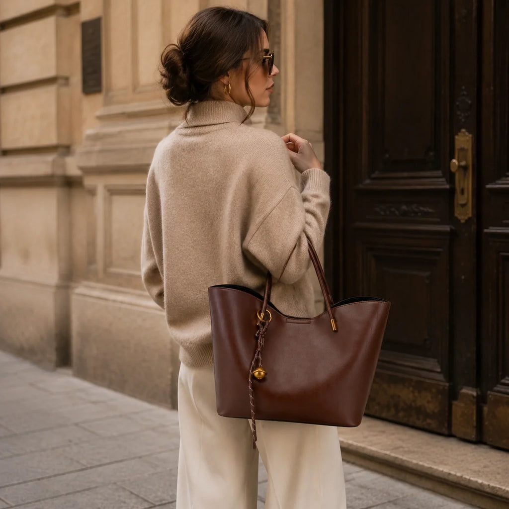 Minimalistische Lederhandtasche Cognac – Lifestyle-Aufnahme getragen
