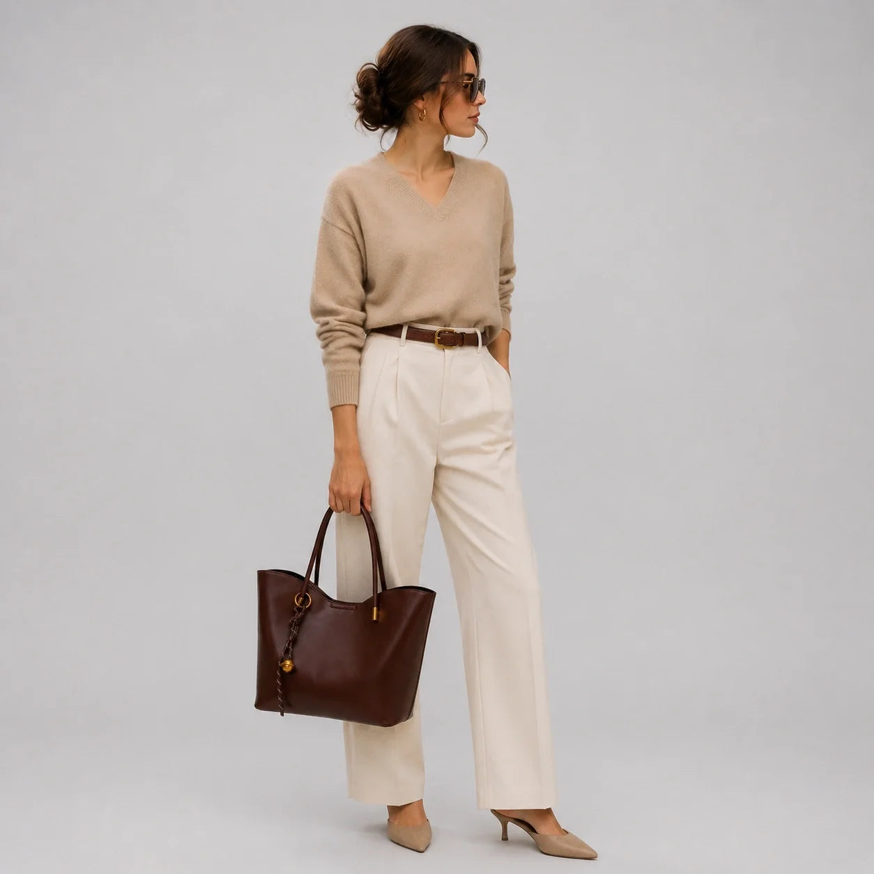 Minimalistische Lederhandtasche Cognac – Nahaufnahme der Materialstruktur