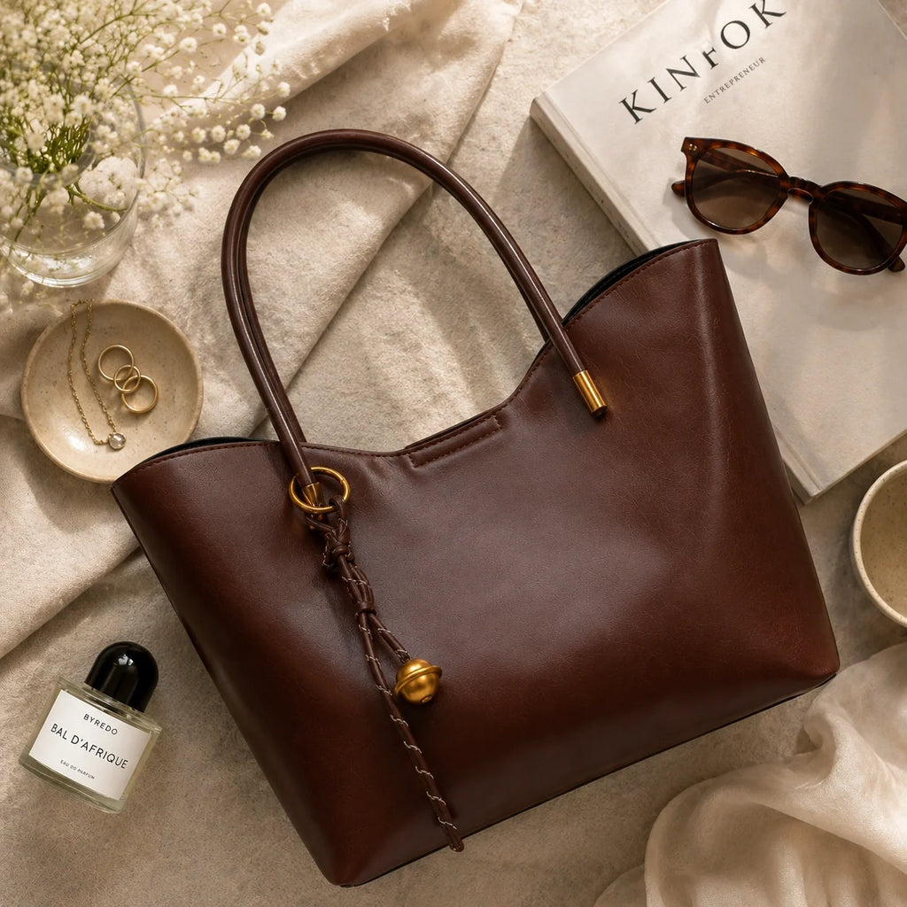 Minimalistische Lederhandtasche Cognac – Ansicht in ganzer Höhe