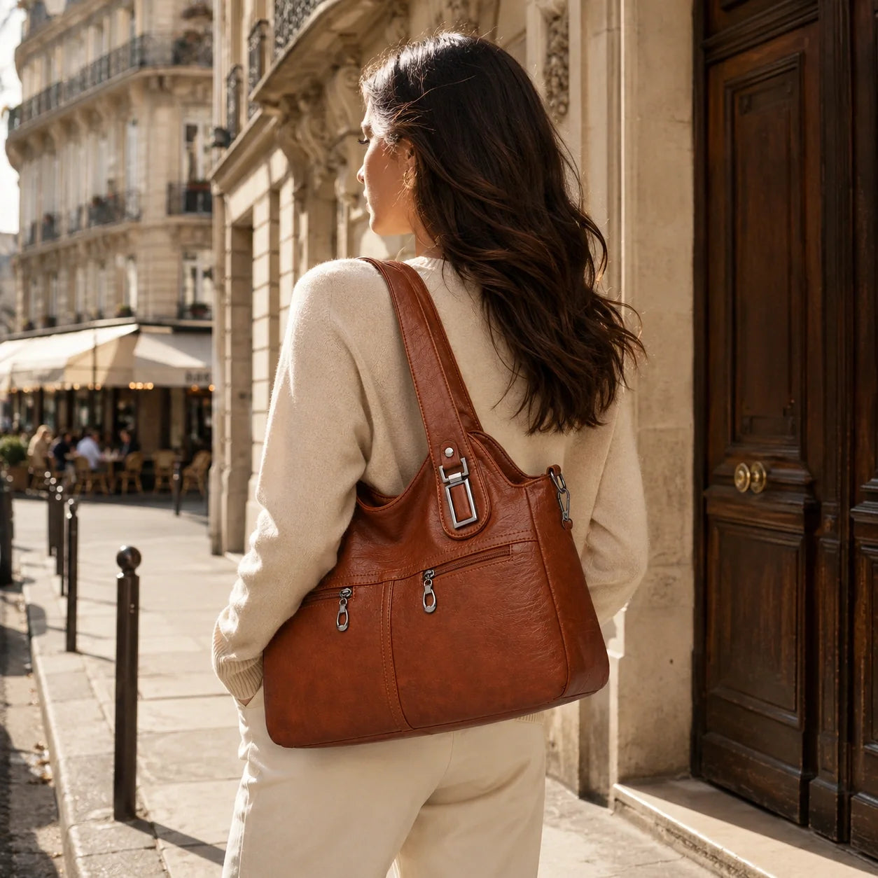 Crossbody Tasche Cognac Groß – Lifestyle-Aufnahme getragen