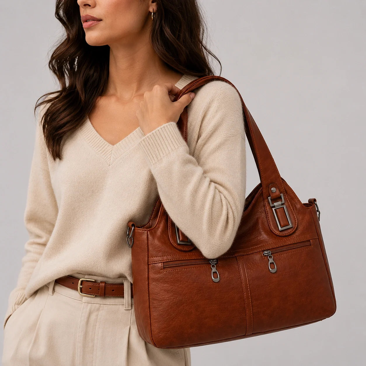 Crossbody Tasche Cognac Groß – Nahaufnahme am Model getragen