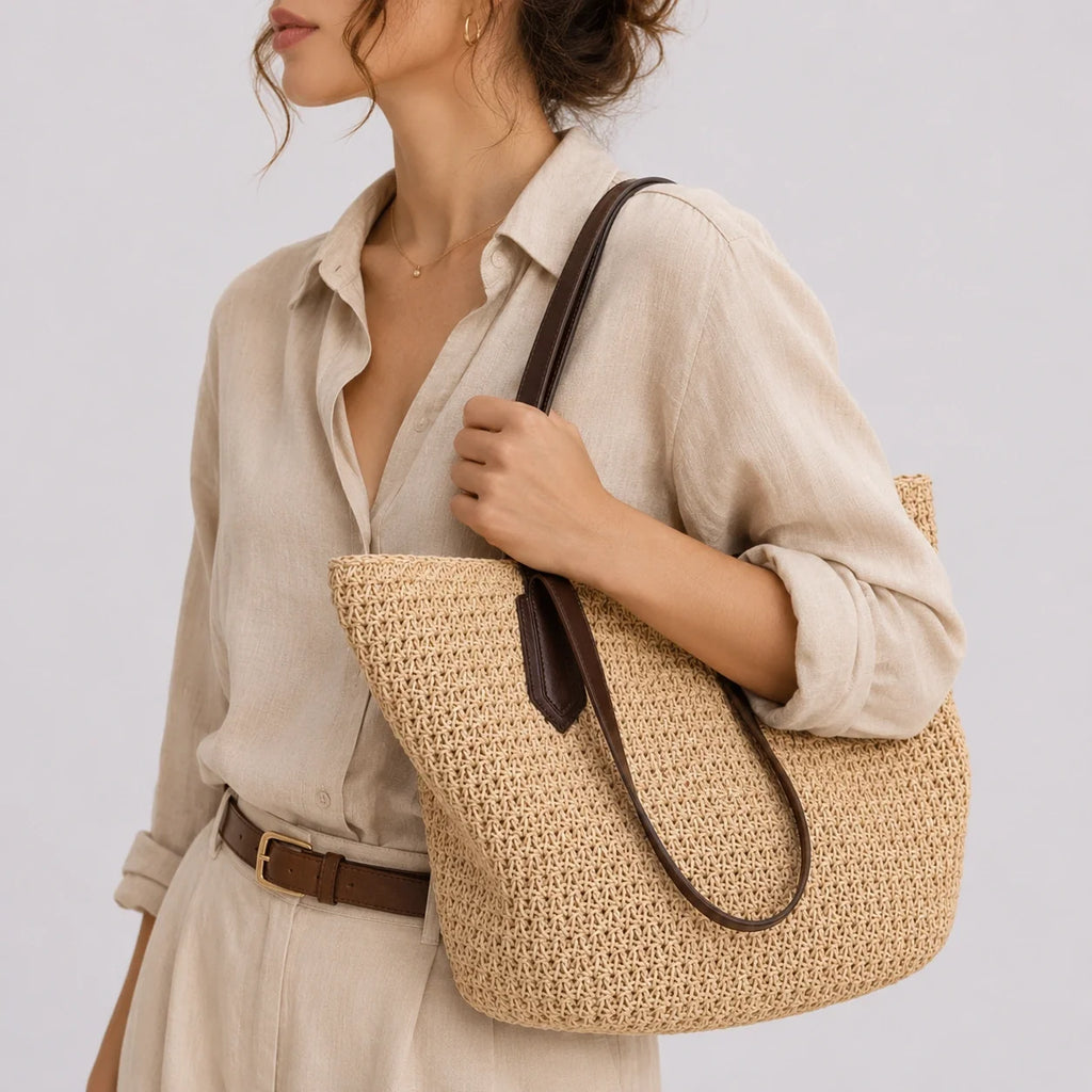 XXL Strohtasche Boho Naturell – Nahaufnahme am Model getragen