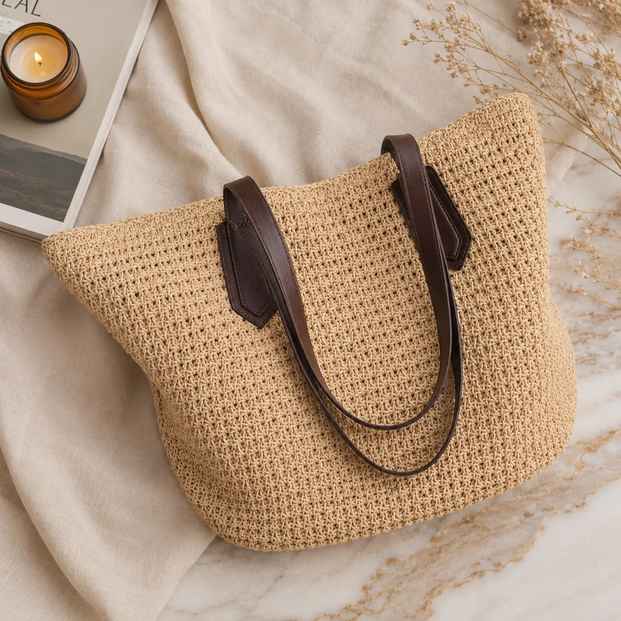 XXL Strohtasche Boho Naturell – Ansicht in ganzer Höhe