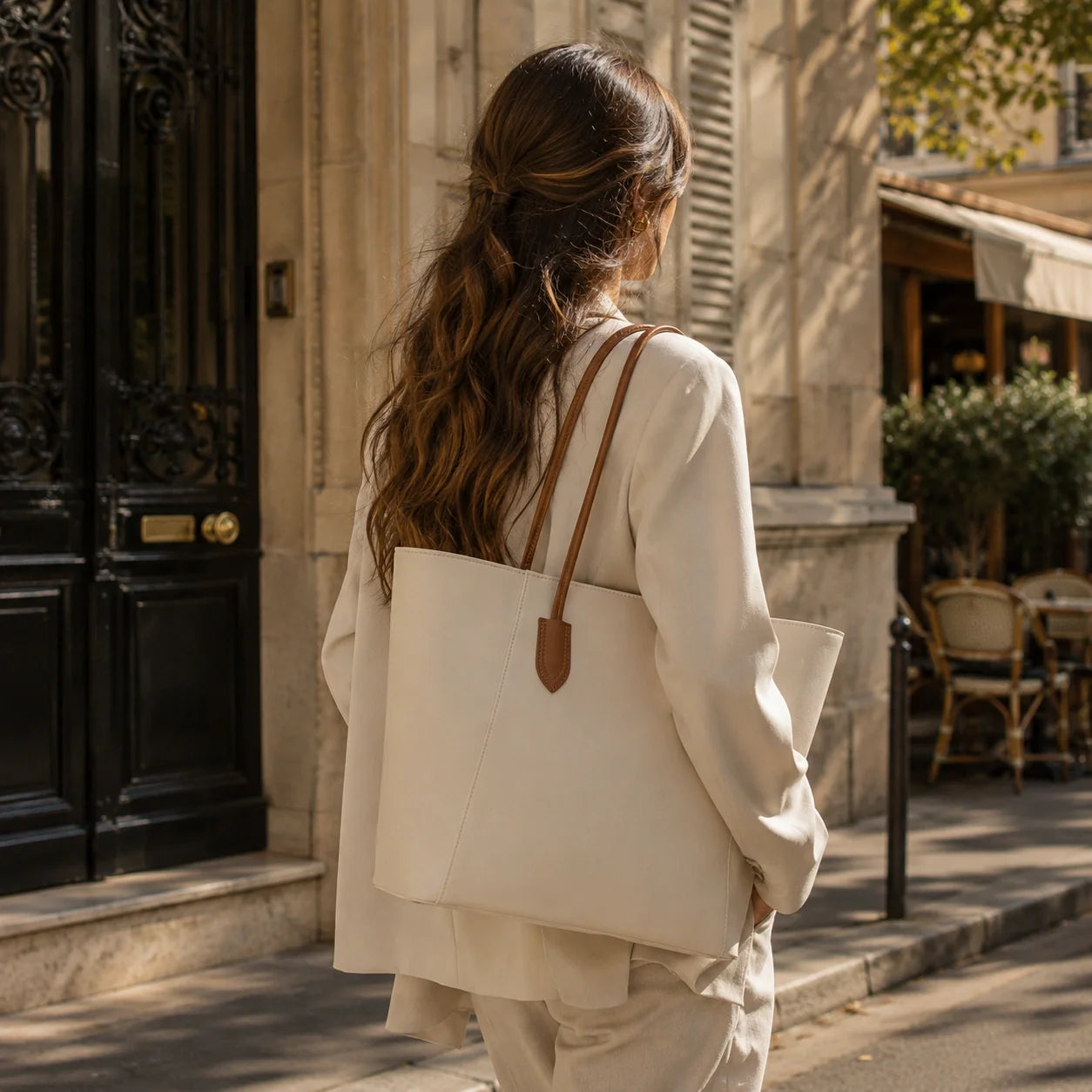 Business Tote Bag Creme – Lifestyle-Aufnahme getragen
