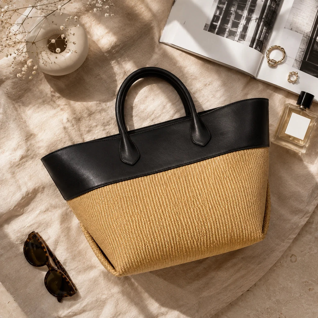 Patchwork Strohtasche Boho – Ansicht in ganzer Höhe