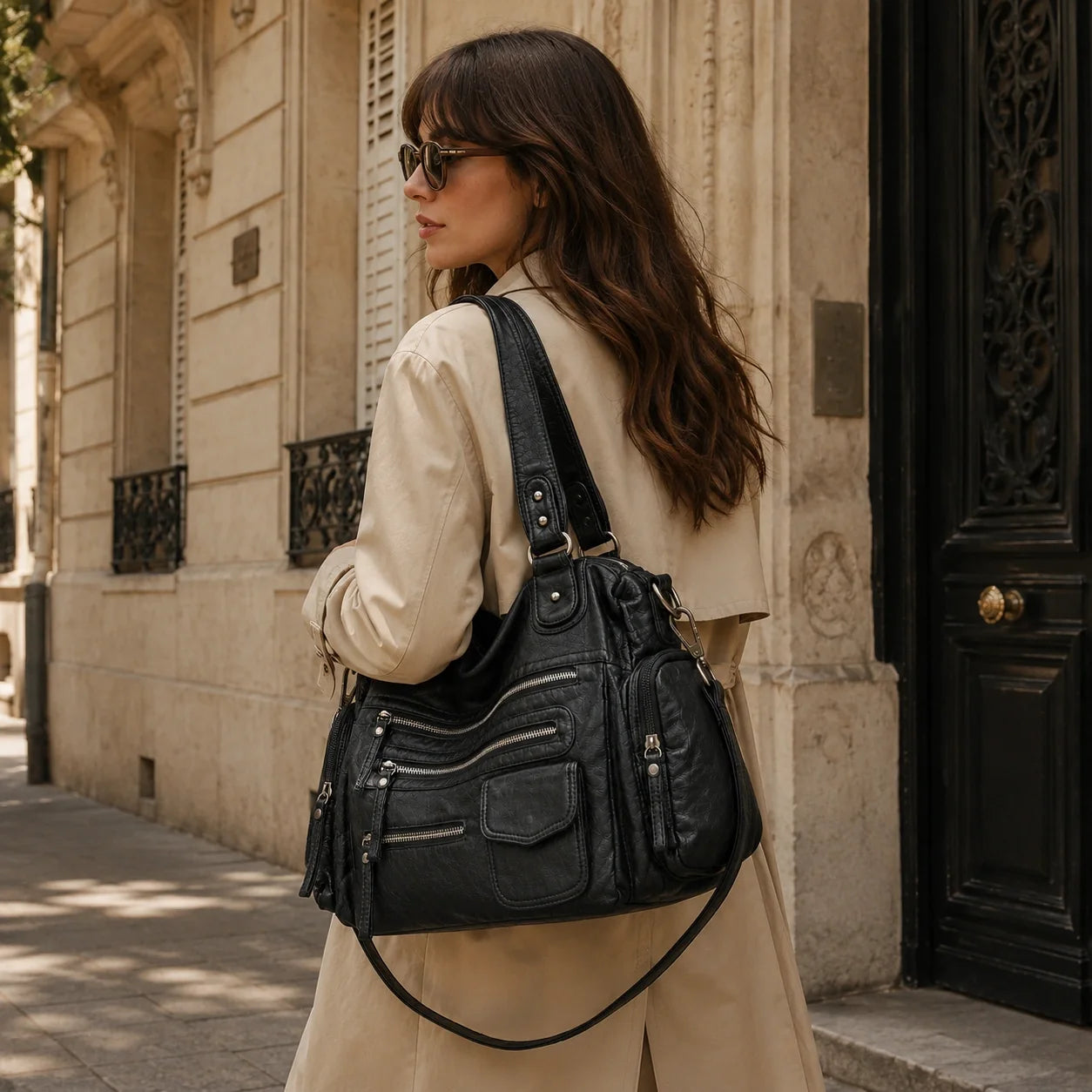 Wandelbare Hobo Tasche Schwarz – Lifestyle-Aufnahme getragen