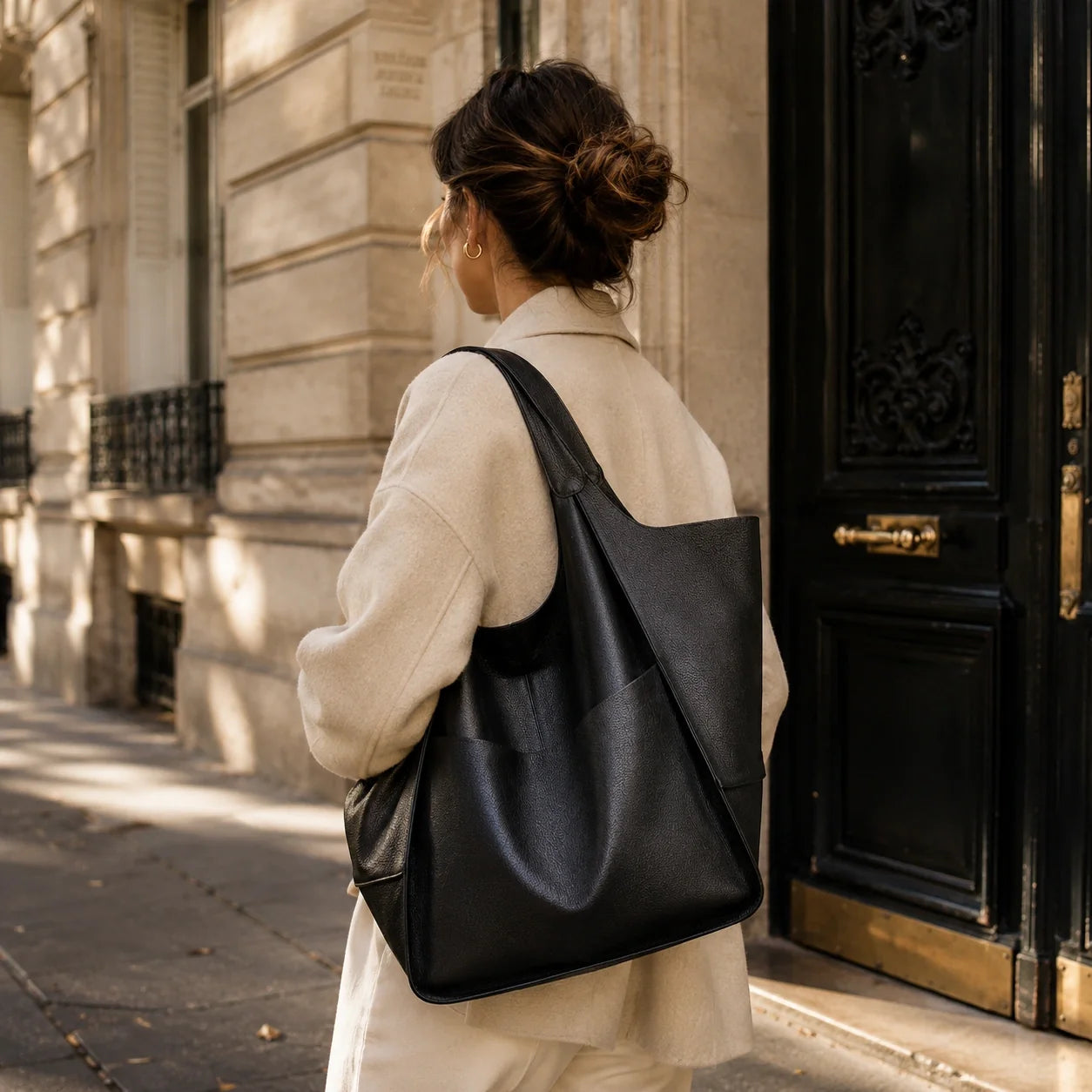 Großer Vintage Shopper Schwarz XXL – Lifestyle-Aufnahme getragen