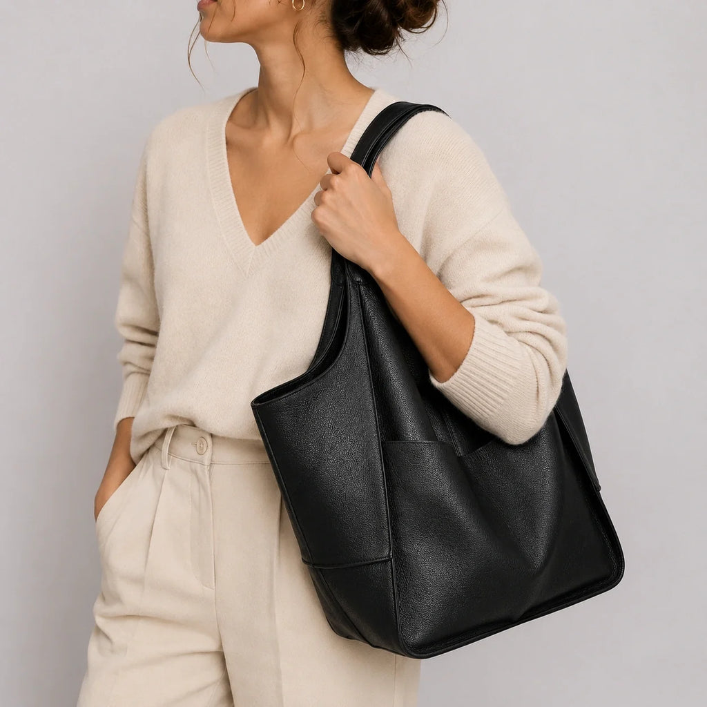 Großer Vintage Shopper Schwarz XXL – Nahaufnahme am Model getragen