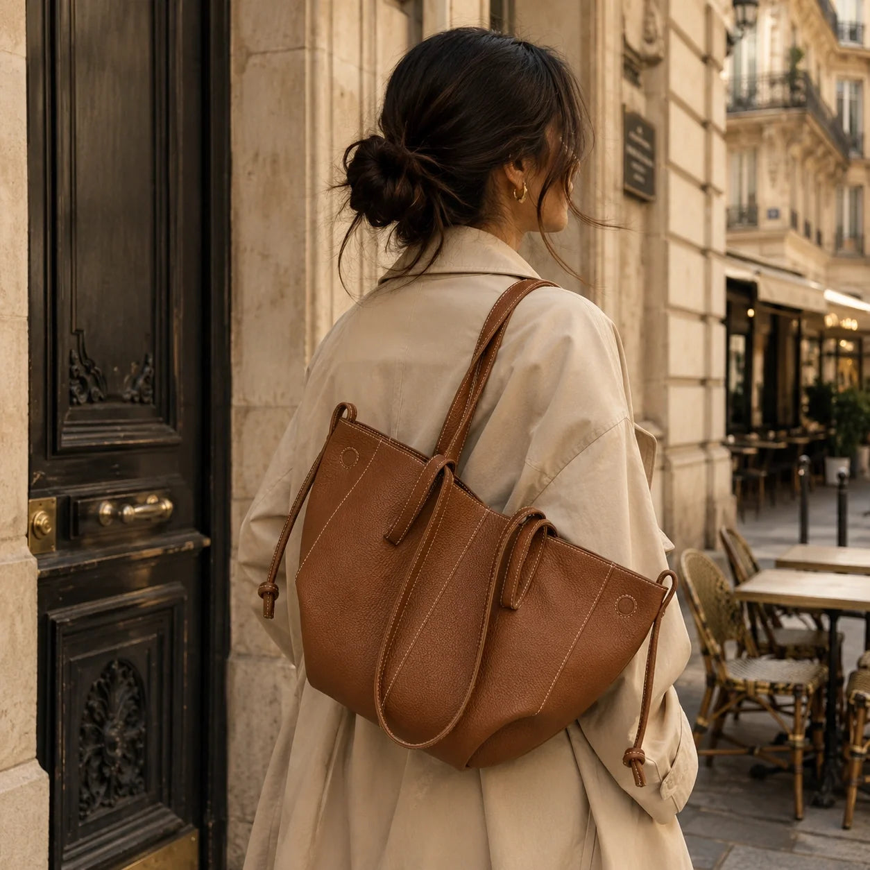 Tote Bag Weiches Leder Braun – Lifestyle-Aufnahme getragen