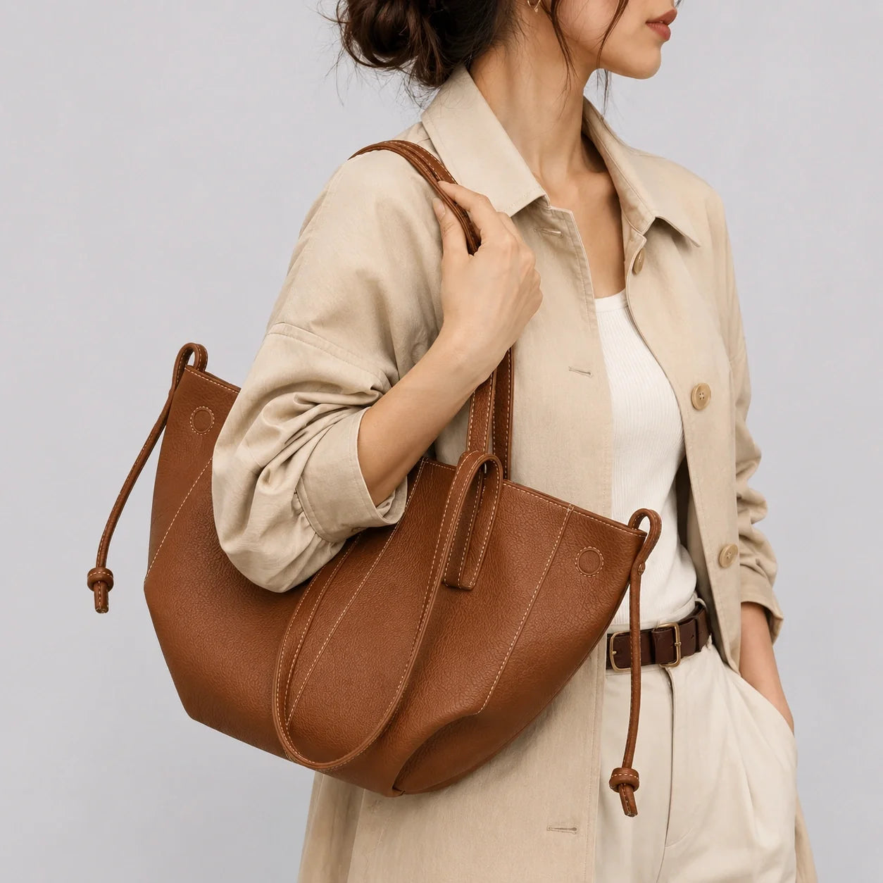 Tote Bag Weiches Leder Braun – Nahaufnahme am Model getragen