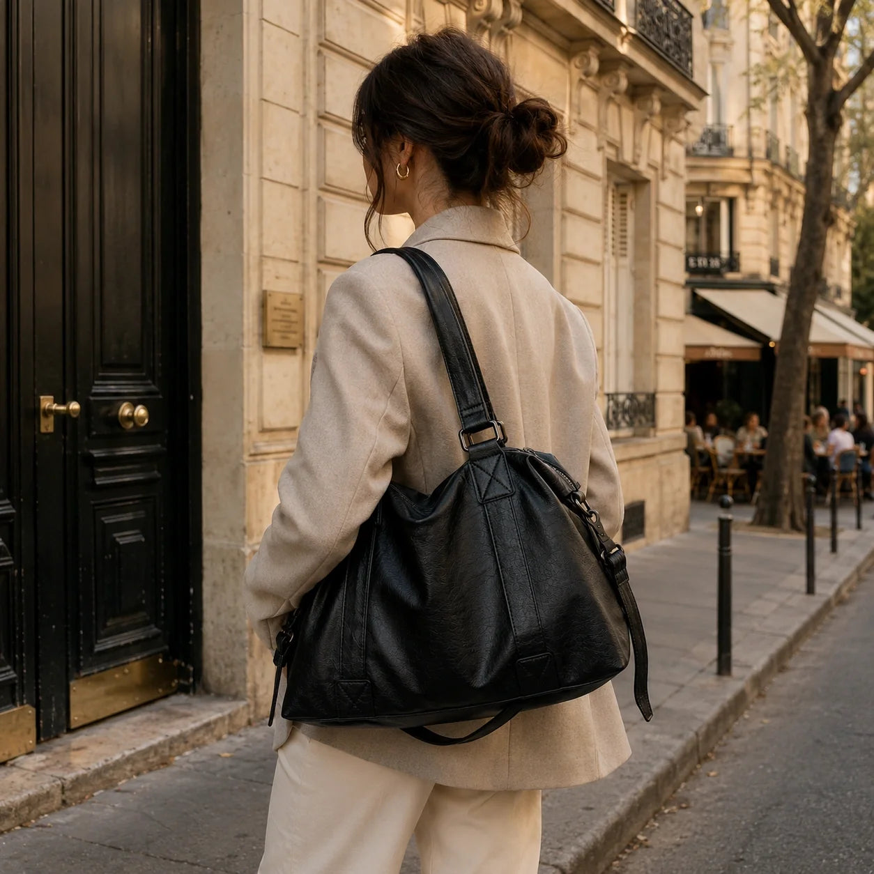 Große Shopper Tasche Schwarz – Lifestyle-Aufnahme getragen