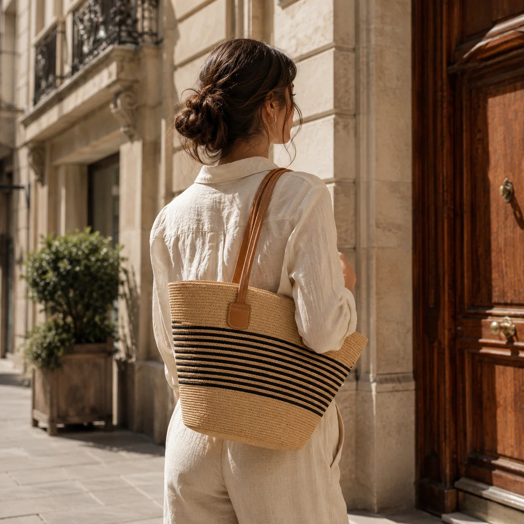 Stroh Tote Bag Naturell – Lifestyle-Aufnahme getragen
