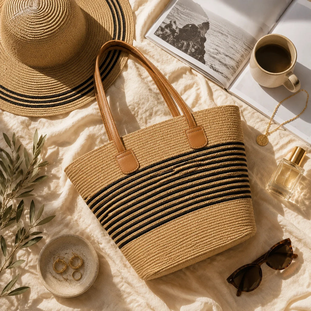 Stroh Tote Bag Naturell – Ansicht in ganzer Höhe