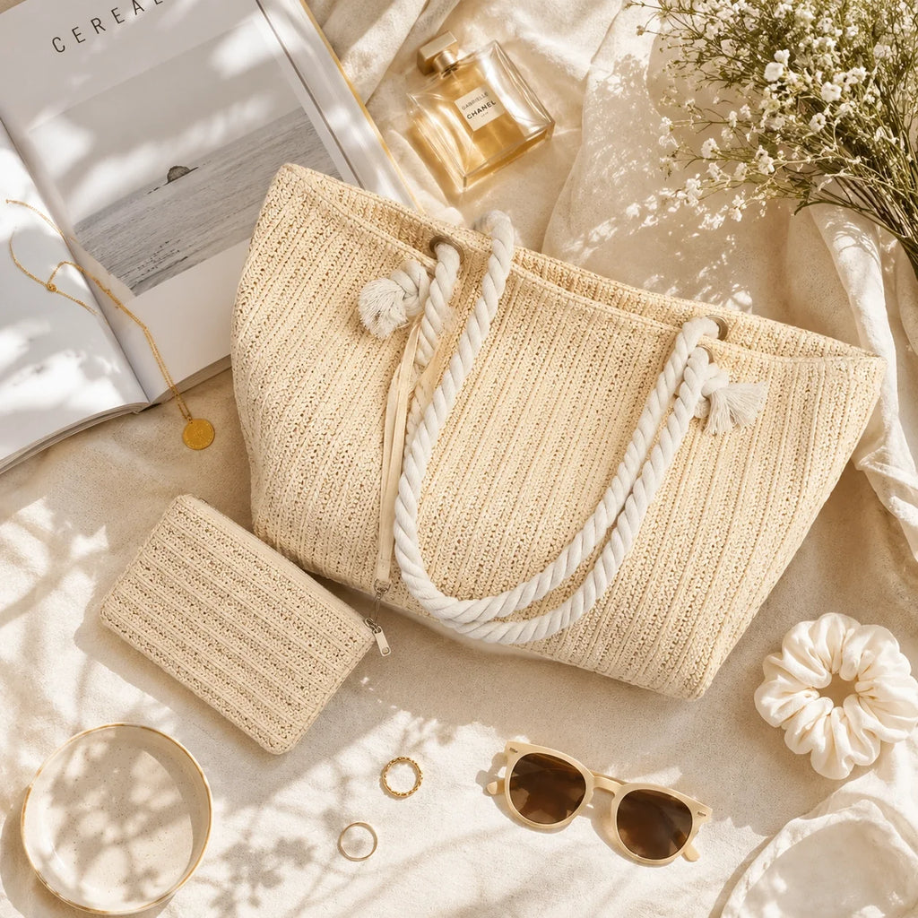 Große Strohtasche Creme XXL – Produktaufnahme freigestellt