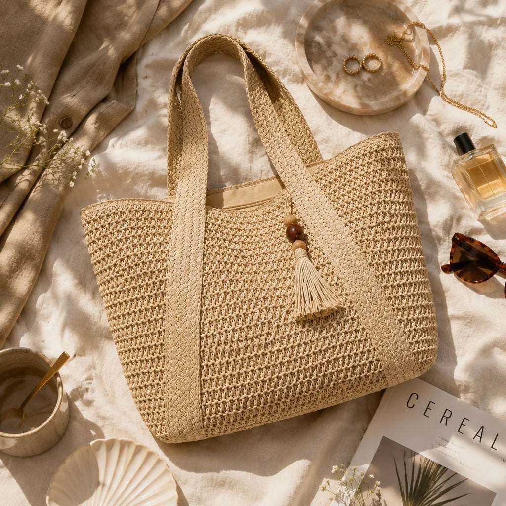 Raphia Tote Bag Urban Beige – Ansicht in ganzer Höhe