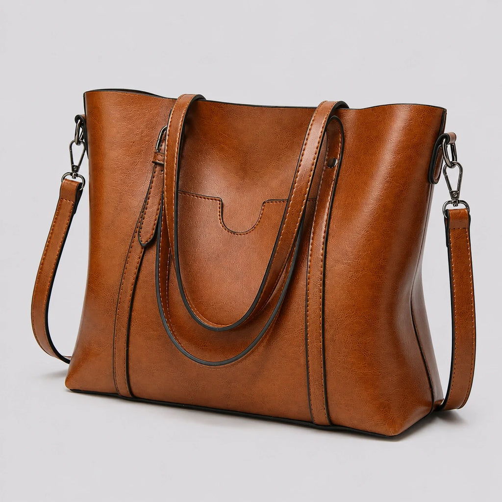 Zeitloser Shopper Cognac Vintage-Look – Seitenansicht im Detail