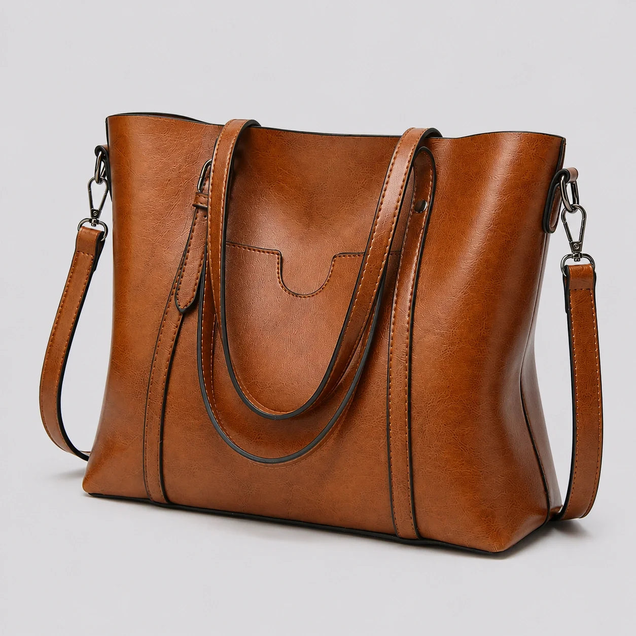 Zeitloser Shopper Cognac Vintage-Look – Seitenansicht im Detail
