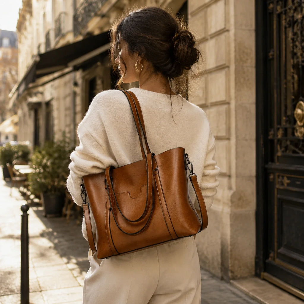 Zeitloser Shopper Cognac Vintage-Look – Lifestyle-Aufnahme getragen