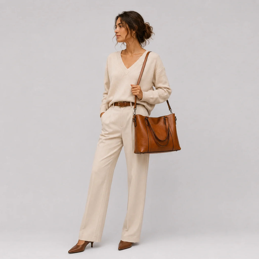 Zeitloser Shopper Cognac Vintage-Look – Ansicht in ganzer Höhe